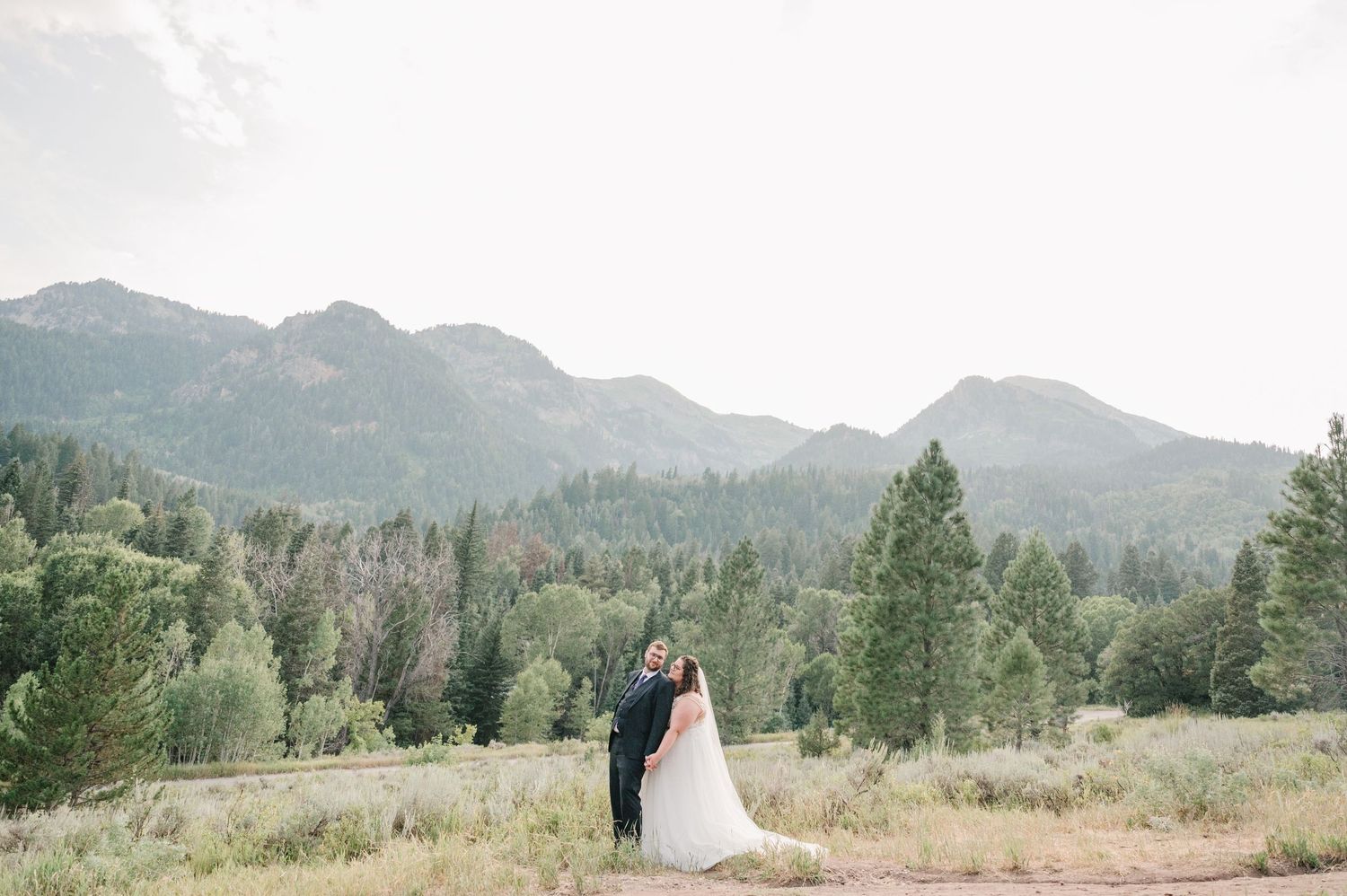 Wedding couple embraces in scenic mountain landscape with evergreen forest and dramatic peaks.
