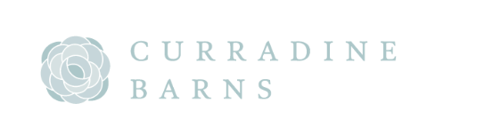 Curradine Barns elegant logo featuring a soft blue-green floral emblem beside the venue name in delicate serif typography.