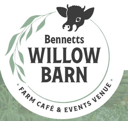 Bennetts Willow Barn farm café and events venue logo with a black cow illustration and green willow branch design.