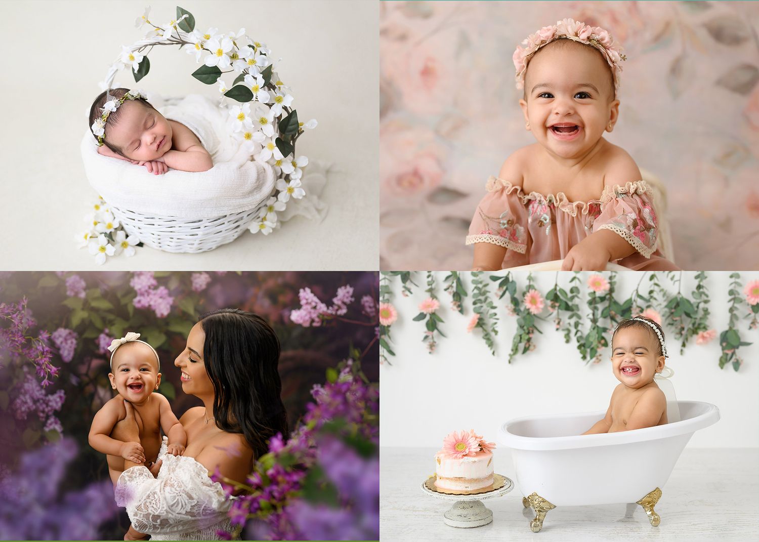 Collection of baby milestone photos featuring floral backdrops, baskets, and soft pastel colors.