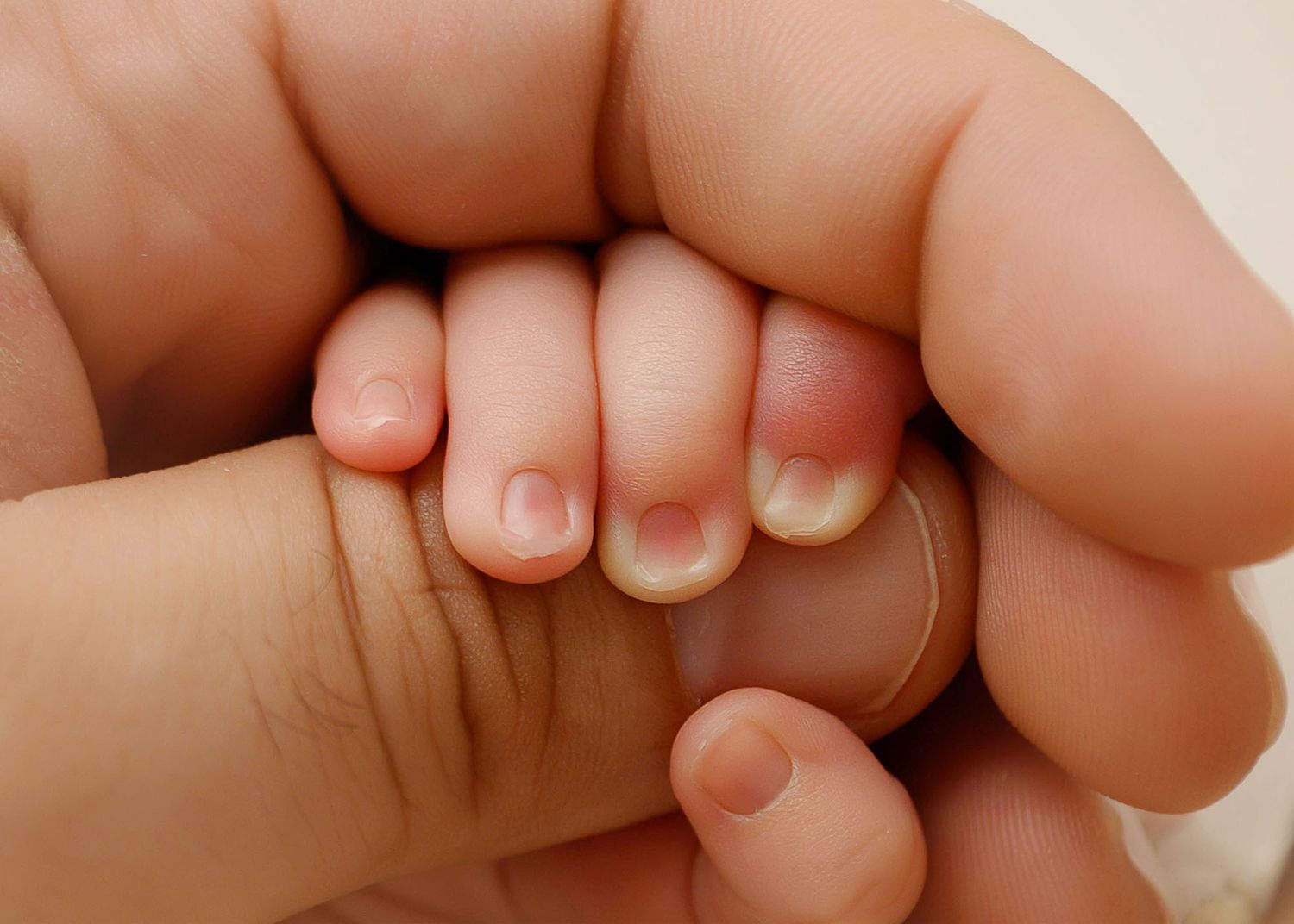 Close-up of a baby's tiny hand grasping an adult's finger, showing delicate pink nails and soft skin.