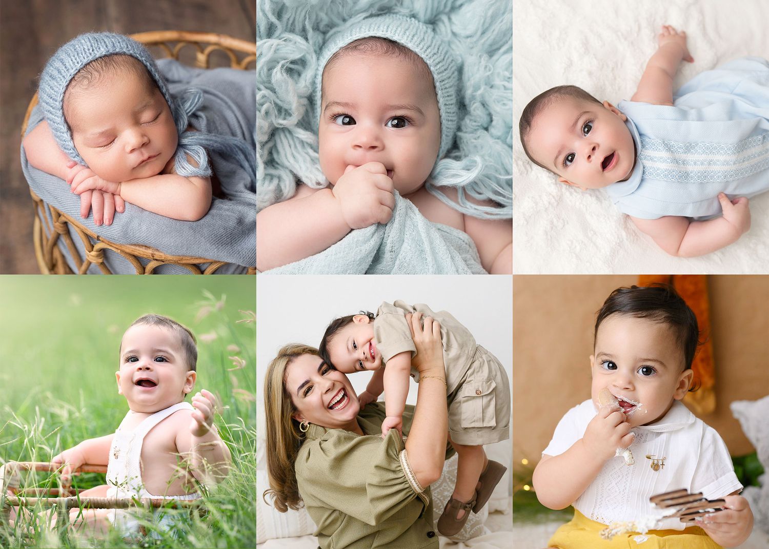 Collection of infant photography showing various poses and settings with soft lighting.