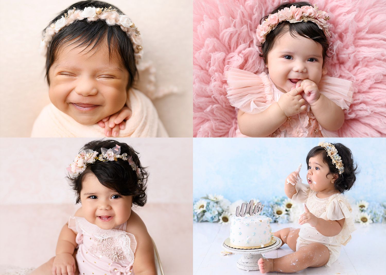 Baby milestone photos with floral crown and pink tulle decorations.
