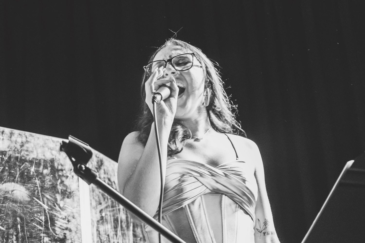 Black and white photo of a female vocalist singing passionately into a microphone on stage.