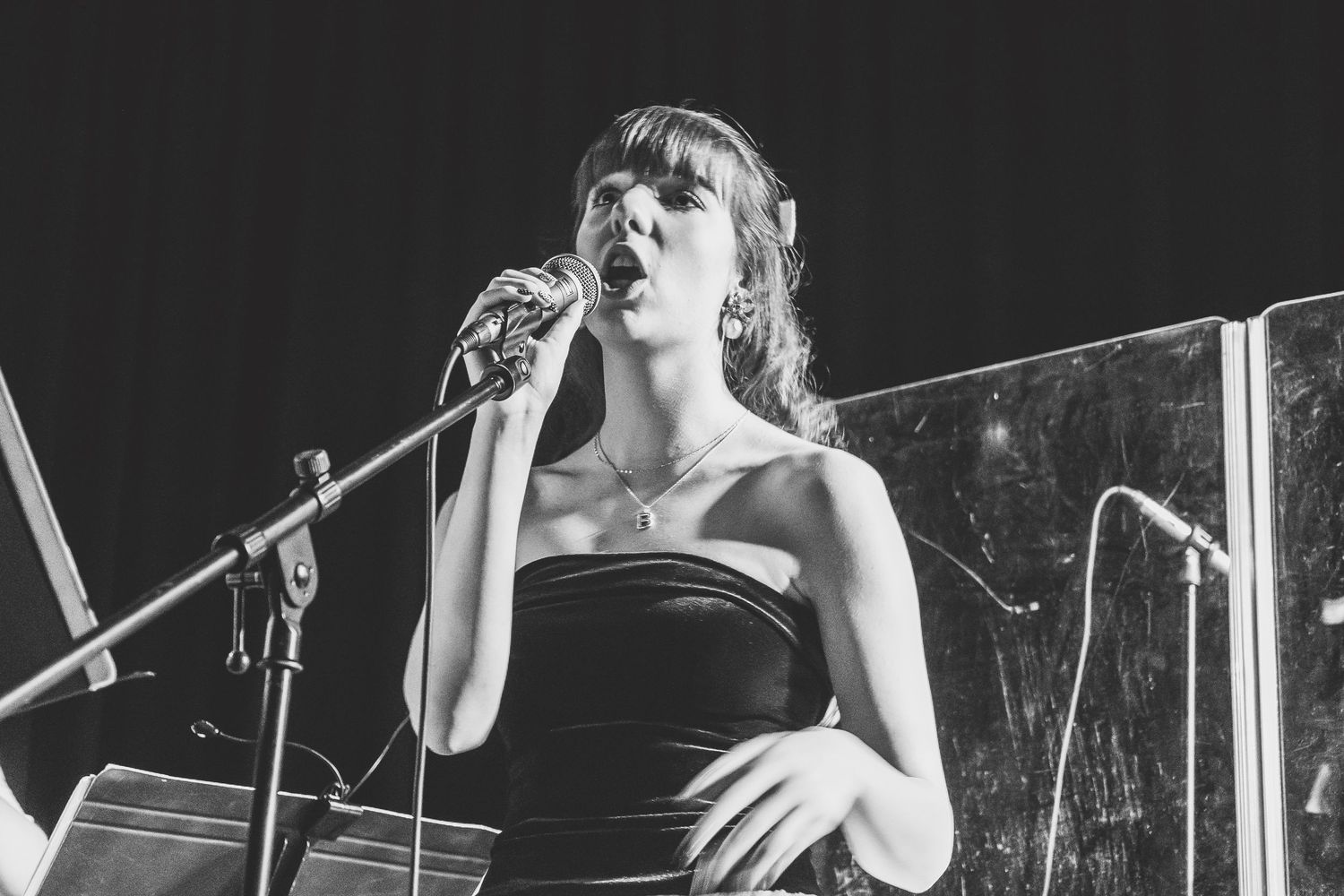 Black and white photo of a female singer performing on stage, singing into a microphone in a strapless dress.