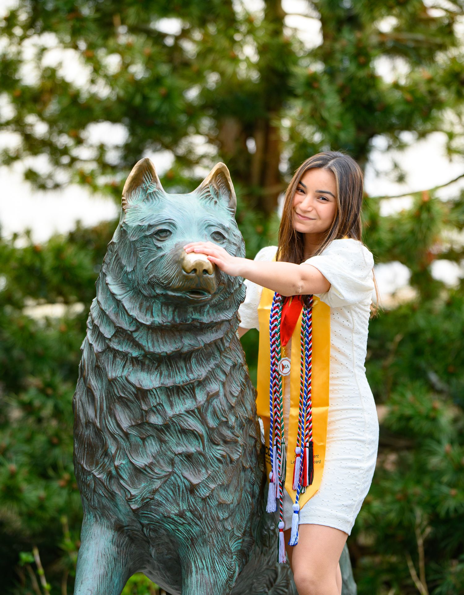 A person in a white dress poses next to a large bronze wolf statue outdoors with graduation regalia displayed.