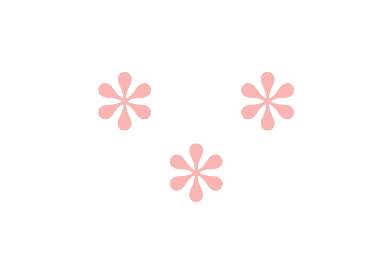 Three pink flower icons arranged in a triangular pattern on a white background, featuring a soft retro daisy design.