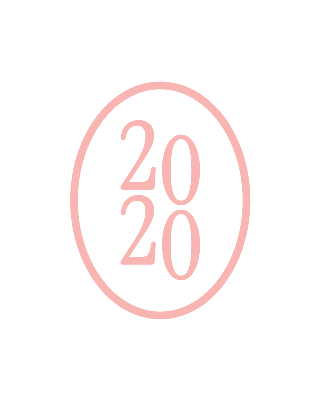 Pink oval logo with 2020 text in elegant serif font, minimalist design on white background.