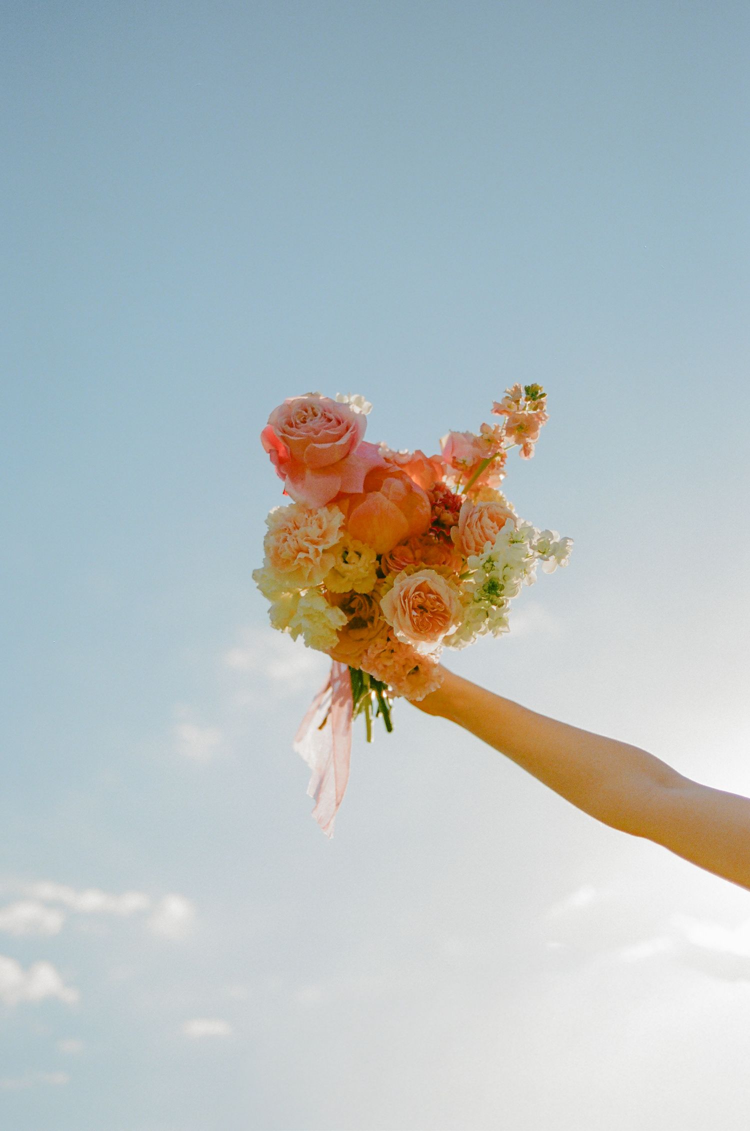 A hand holds a beautiful pink and white bridal bouquet of roses against a clear blue sky.