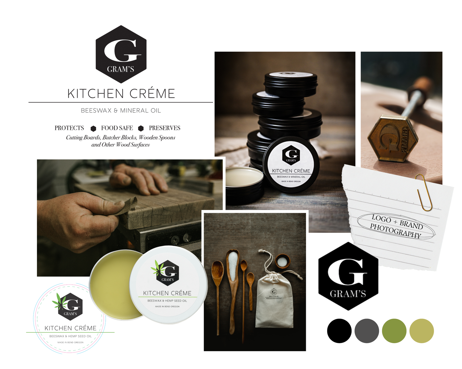 Brand mood board for Gram's Kitchen Crème, a beeswax and mineral oil wood care product with logo and color palette.