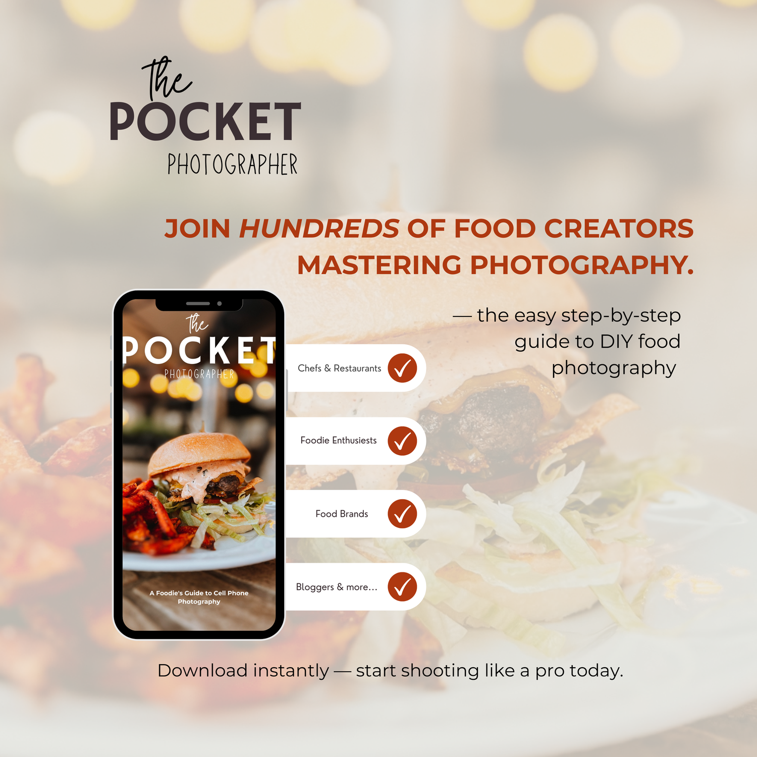 Mobile phone displaying The Pocket Photographer food photography guide with bokeh background and app interface elements.