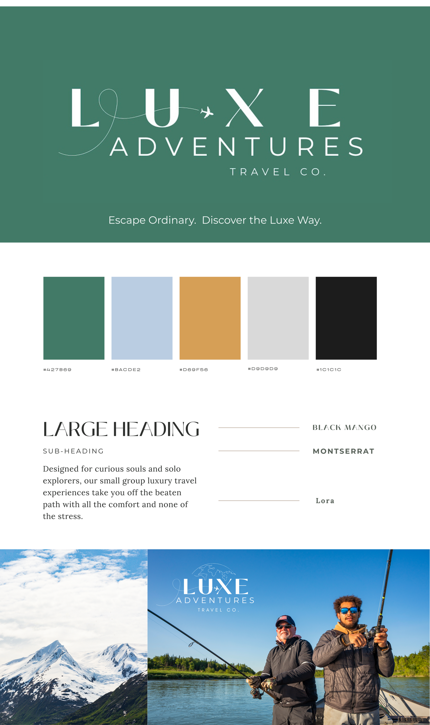 Brand style guide for Luxe Adventures Travel Co. featuring green logo, color palette, typography, and outdoor photography.