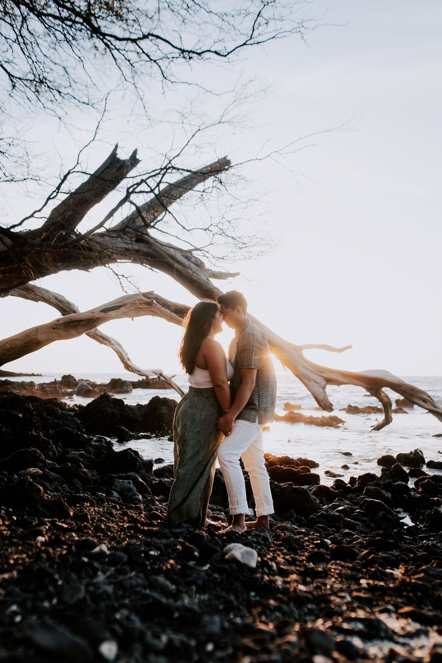Couple embracing at sunset on a rocky Hawaiian beach beside a fallen tree with ocean in background.