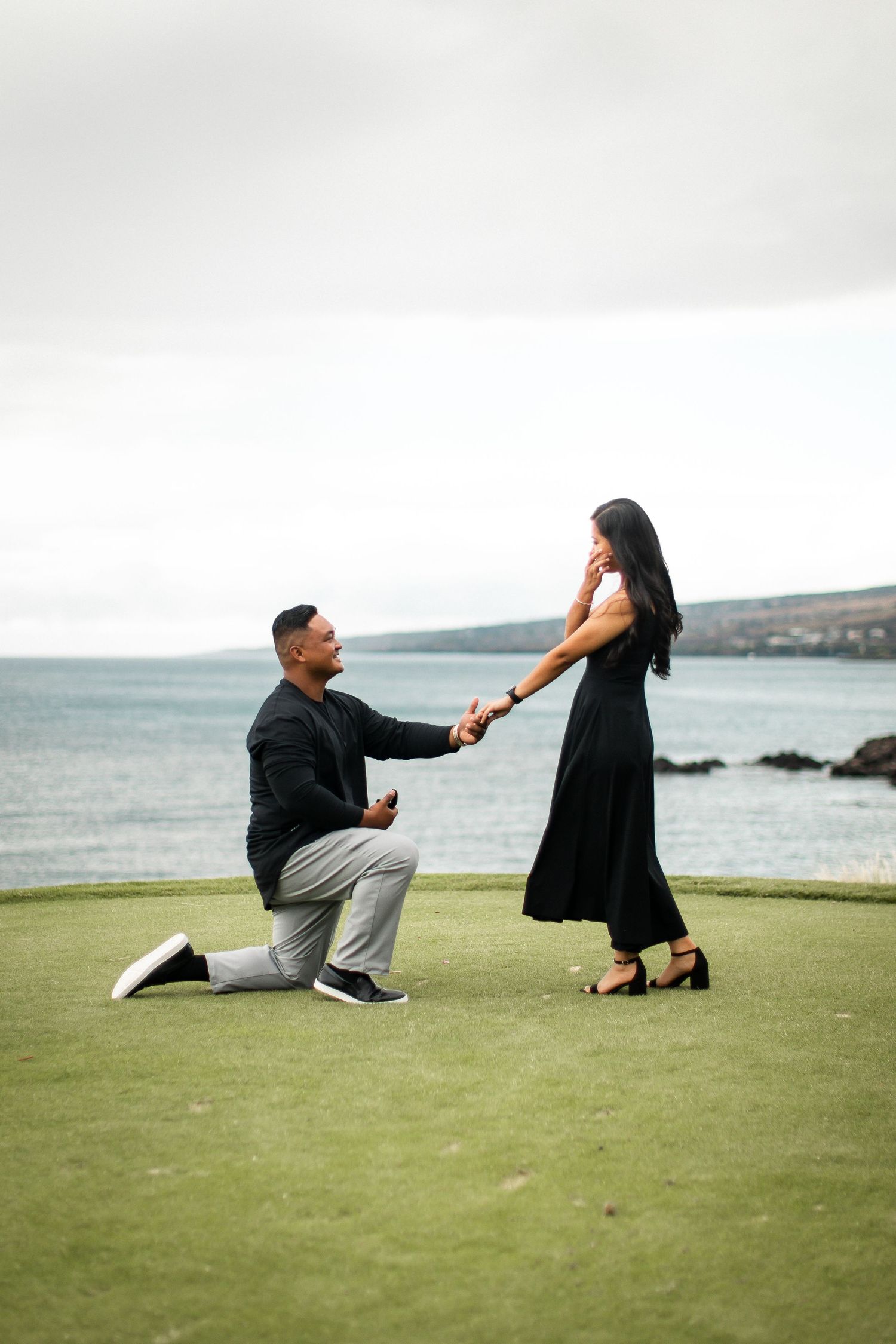 Man proposes on one knee to woman in black dress on green lawn overlooking ocean on overcast day.