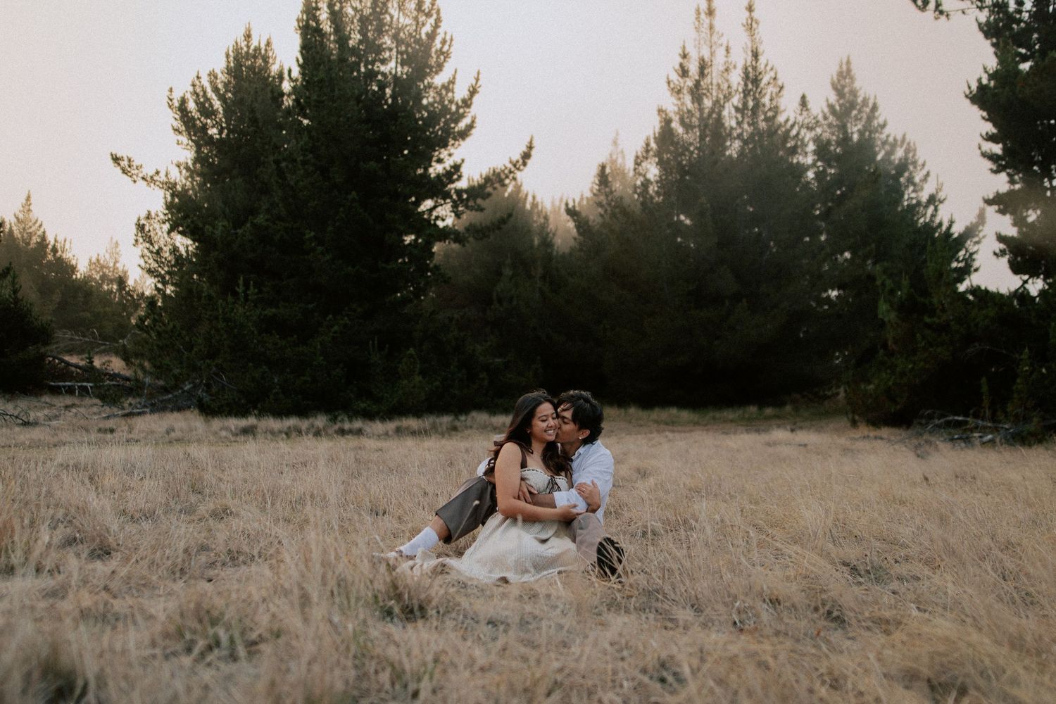 Couple sitting in golden field kissing at sunset with tall evergreen trees in background.