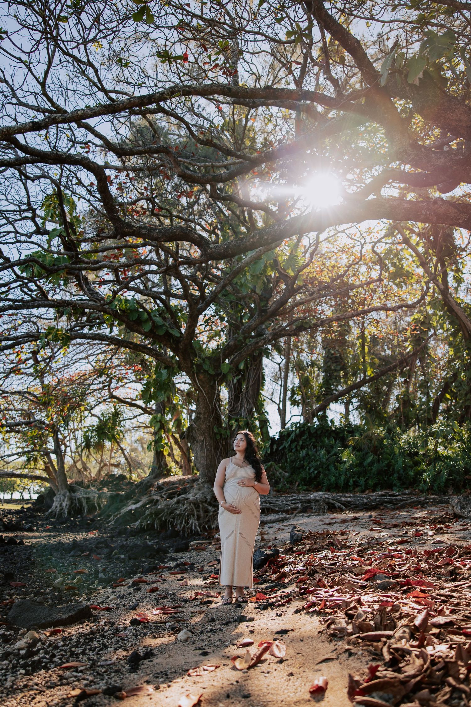Pregnant woman in white dress standing under large sunlit tree with red fallen leaves on ground.