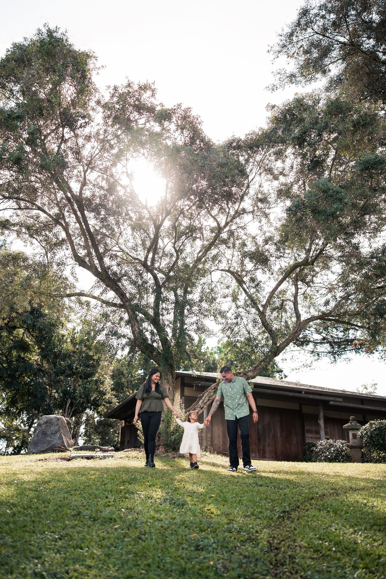 Family of three holding hands walking on green grass under a large sunlit tree near a wooden building.
