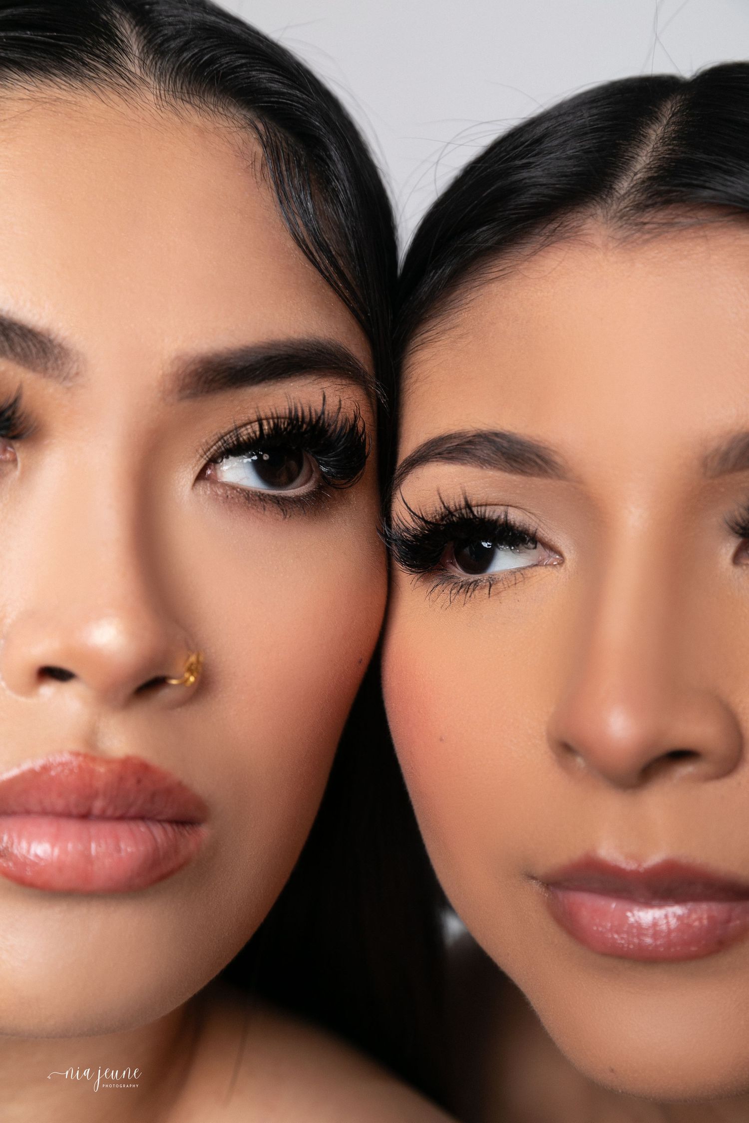 Creative beauty closeup shots focusing on makeup and facial features.