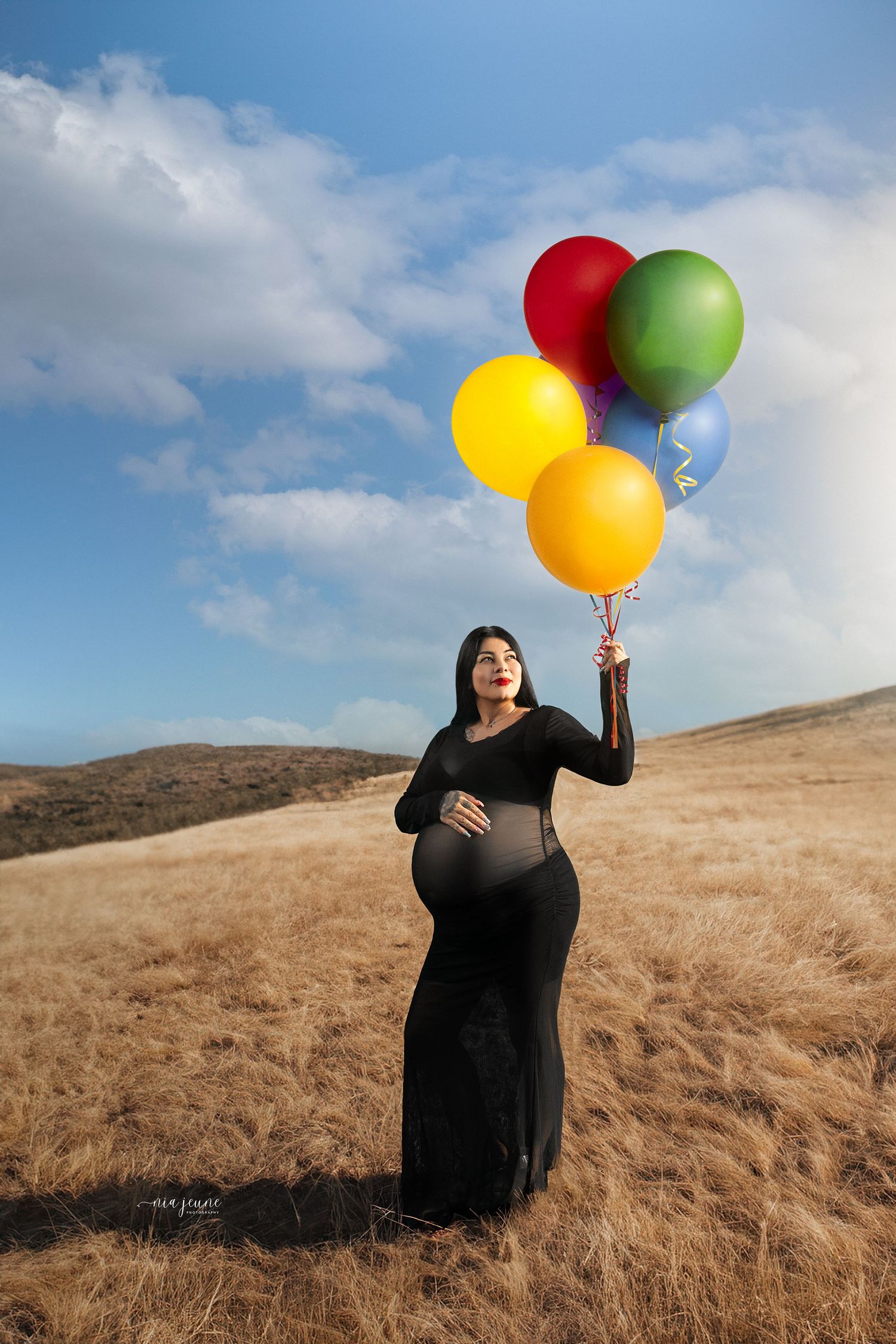 A pregnant woman in black dress holds colorful balloons in a golden field landscape.
