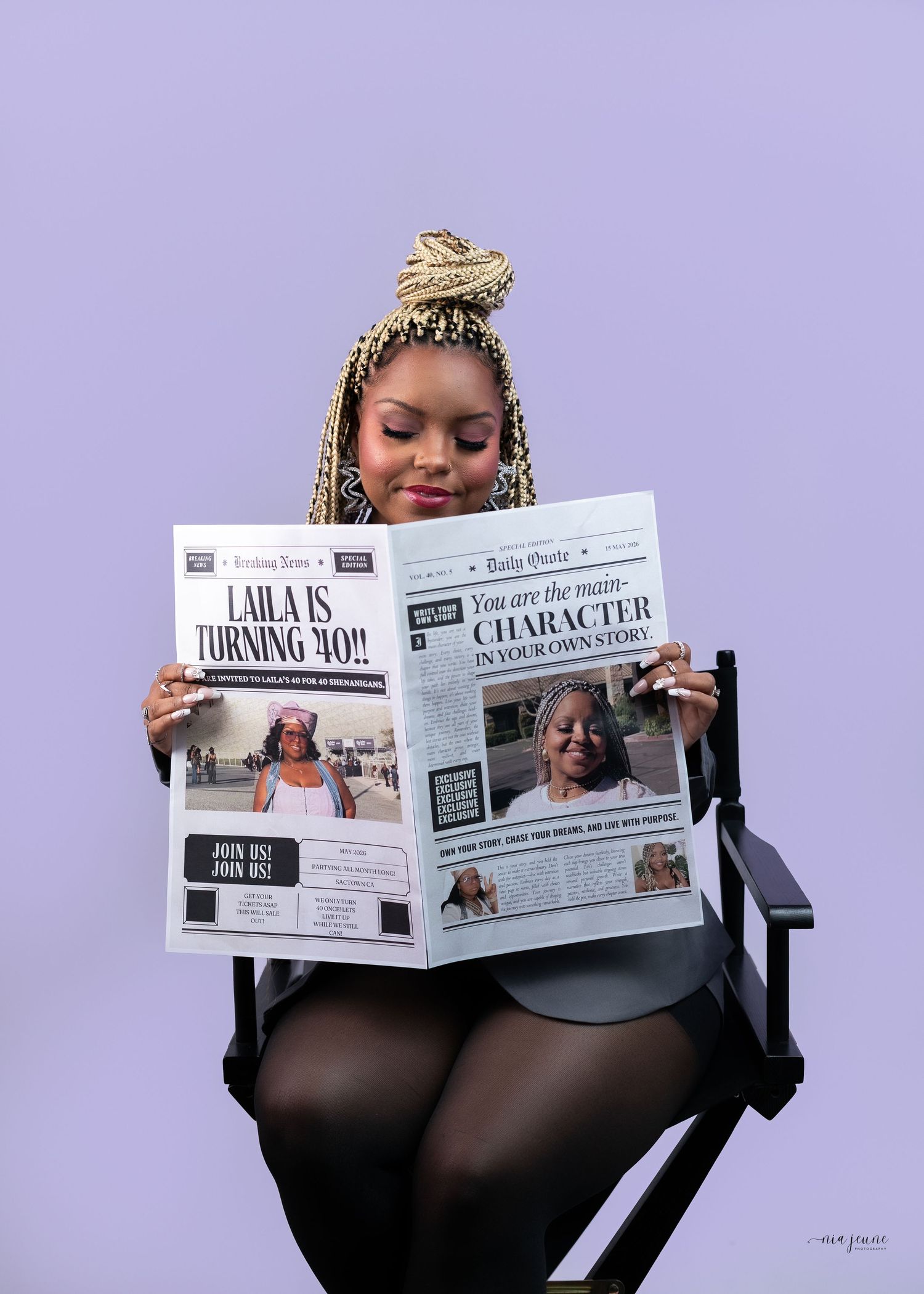 Woman reading a custom birthday newspaper celebrating Laila turning 40, seated in a director's chair against a purple background.