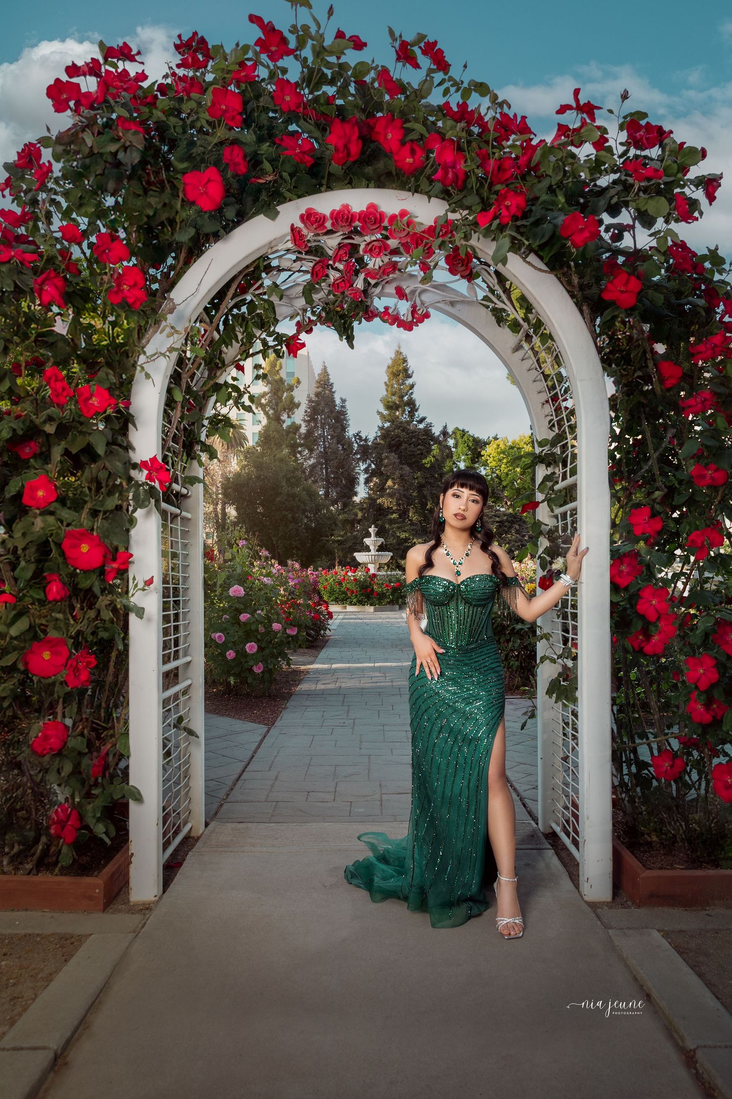 Romantic garden pathway with blooming red climbing roses adorning white archways along a stone walkway at sunset.