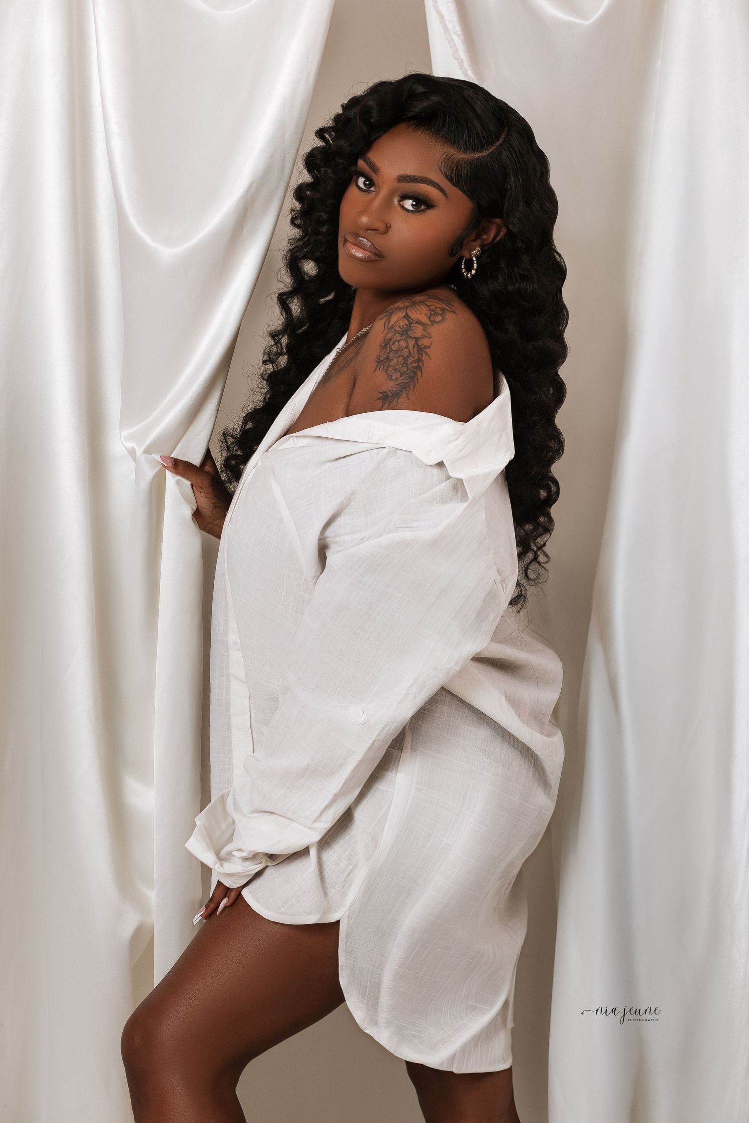 A series of artistic fashion portraits featuring a model in a white oversized shirt against a light backdrop.