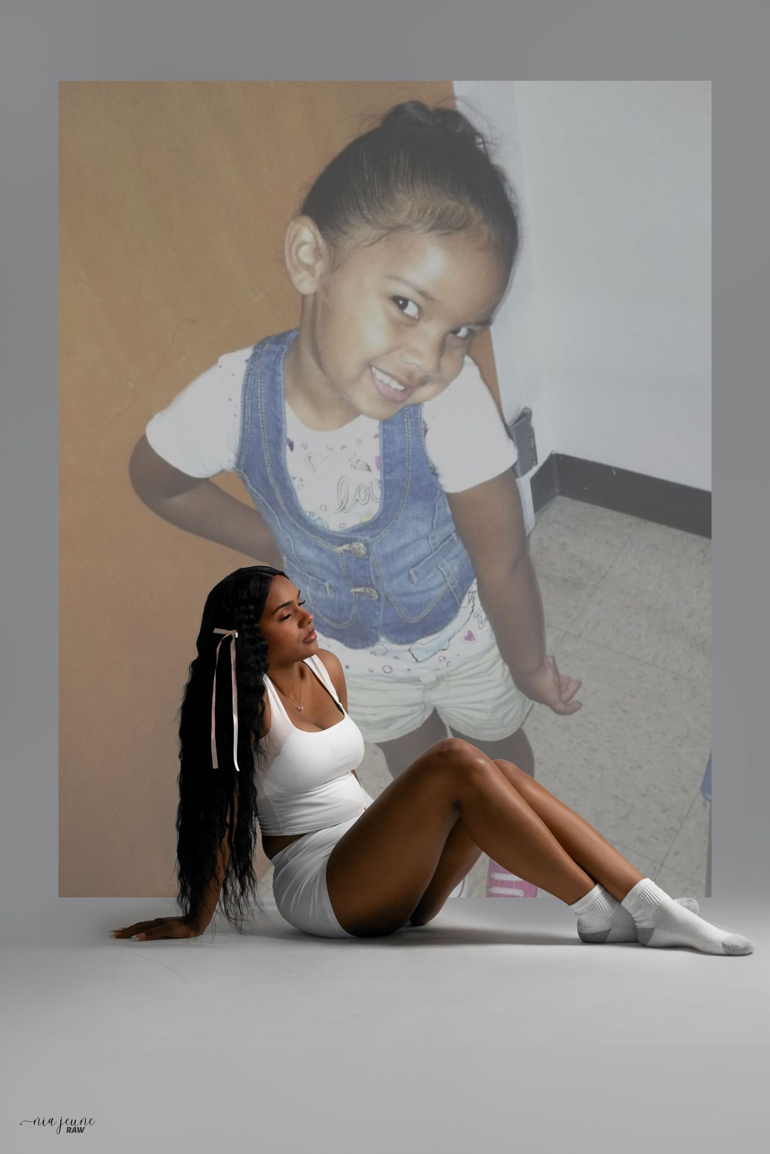 Creative composite photo showing modern and childhood portraits in an artistic layout.