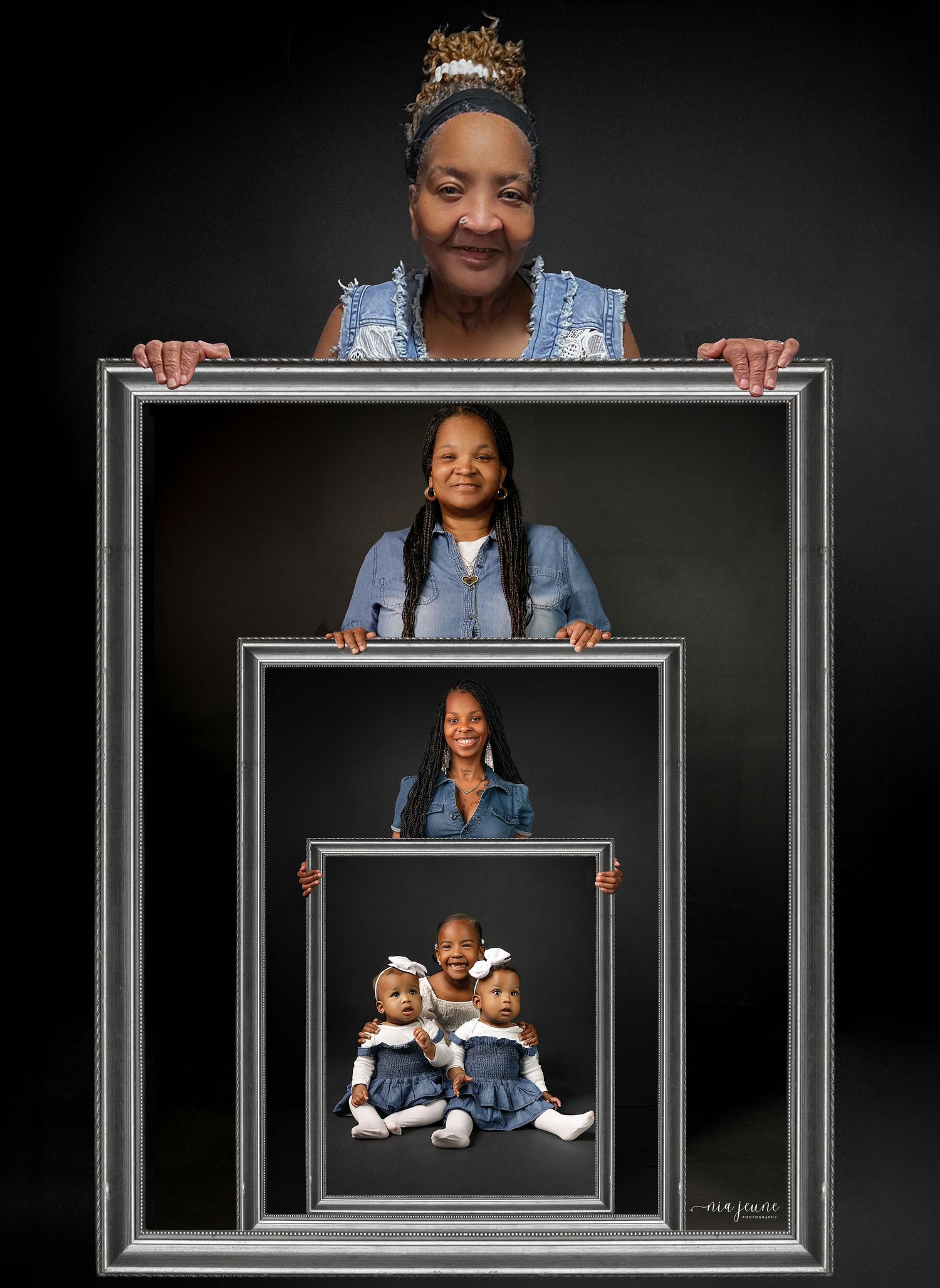 Creative multi-generational portrait showing family growth through nested frames against dark background.