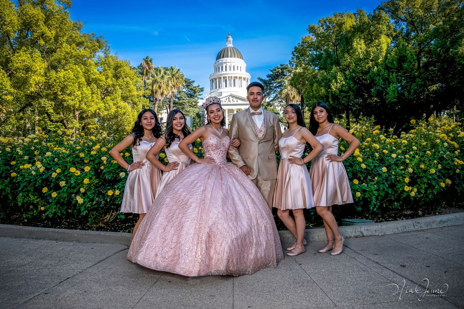 Quinceañera photos showing traditional pink and blush gowns with bridesmaids posing at California State Capitol.