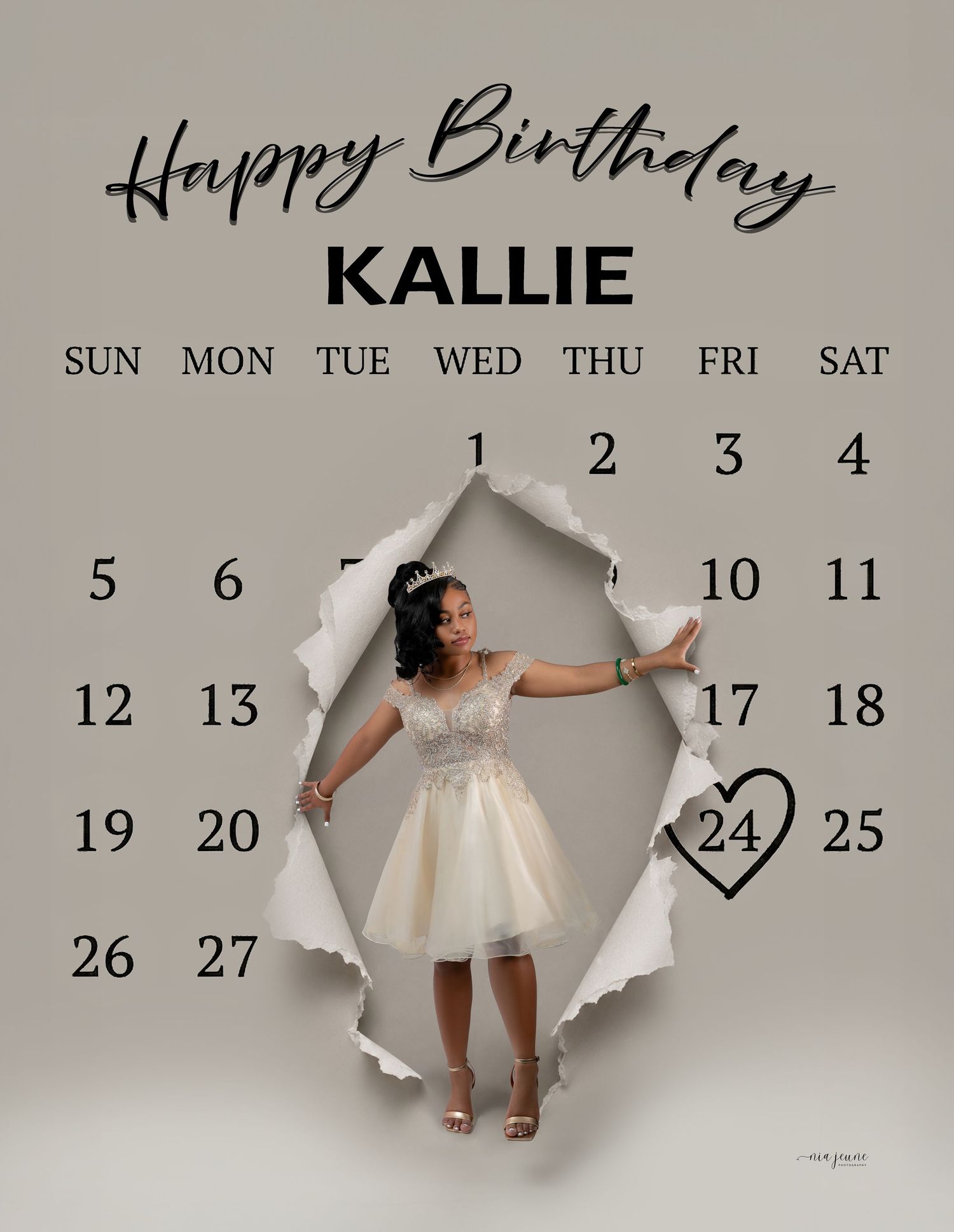 Birthday calendar graphic for Kallie with a young girl in a white dress posing through a torn paper effect, heart on date 24.
