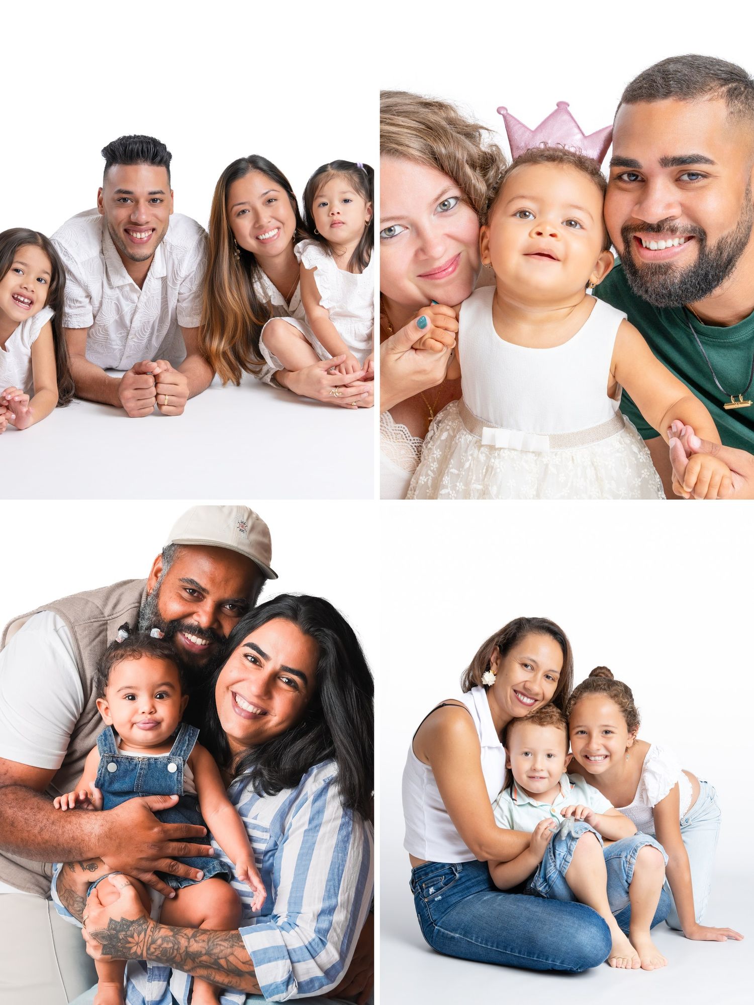 Collage of four diverse family studio portraits with white backgrounds, showcasing parents and young children smiling together.