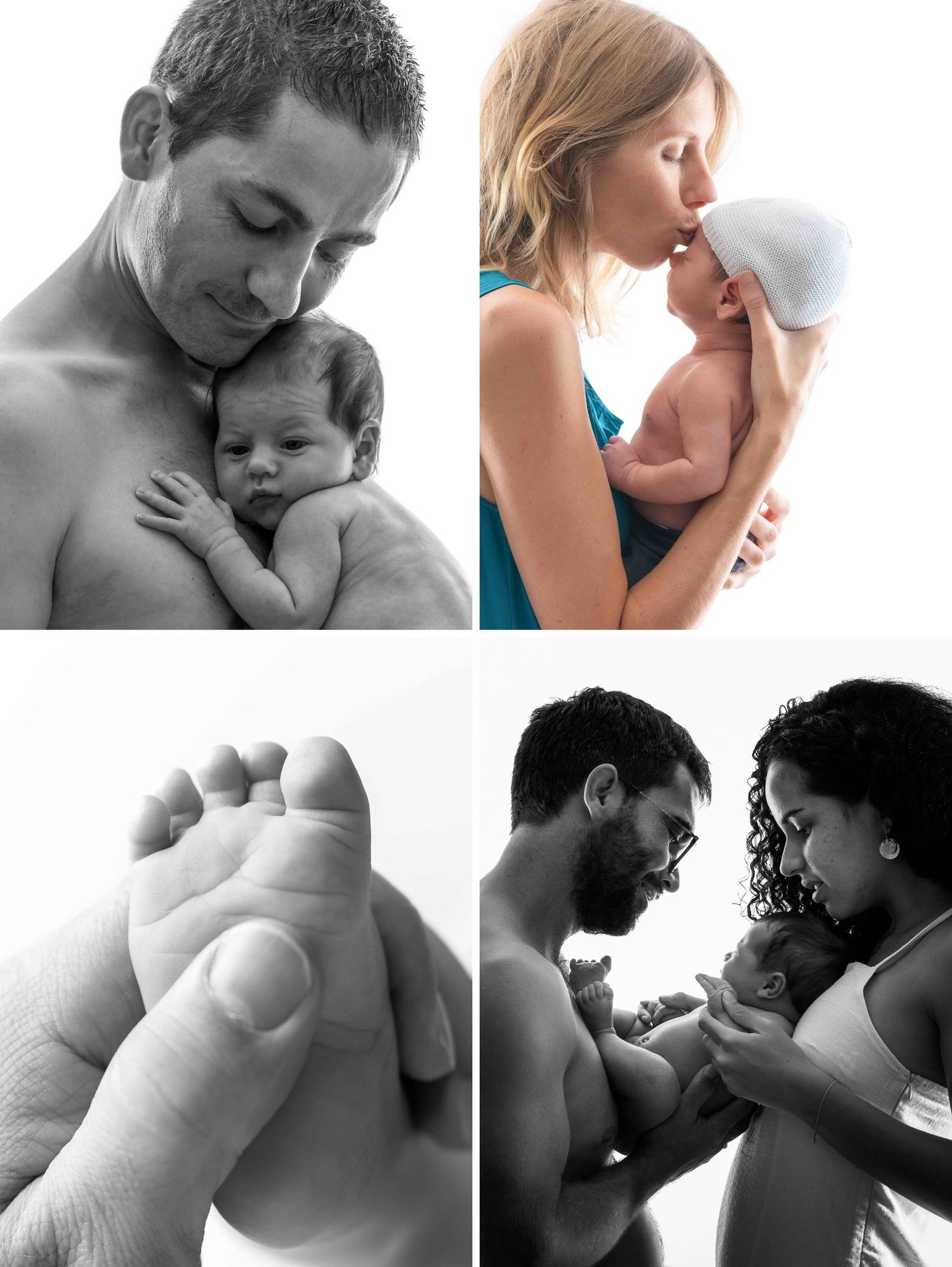 Collage of newborn baby photos with parents, including black and white close-up of tiny feet and tender family moments.