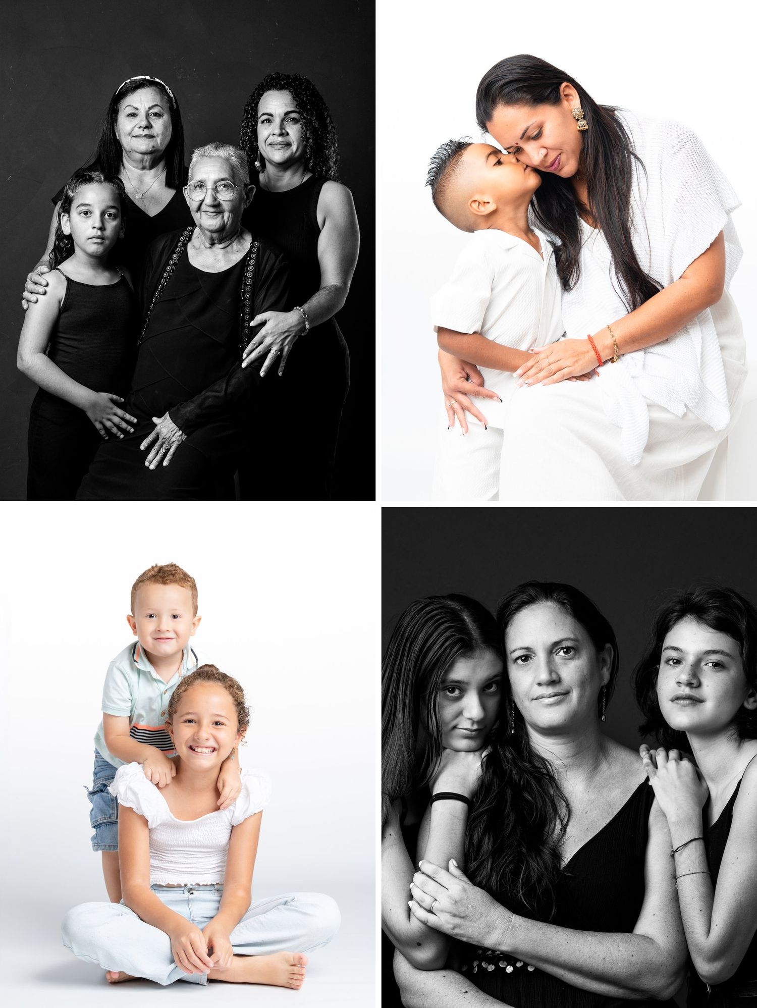 Four-generation family portrait collage featuring grandmother, mothers, and children in black and white and color studio photos.