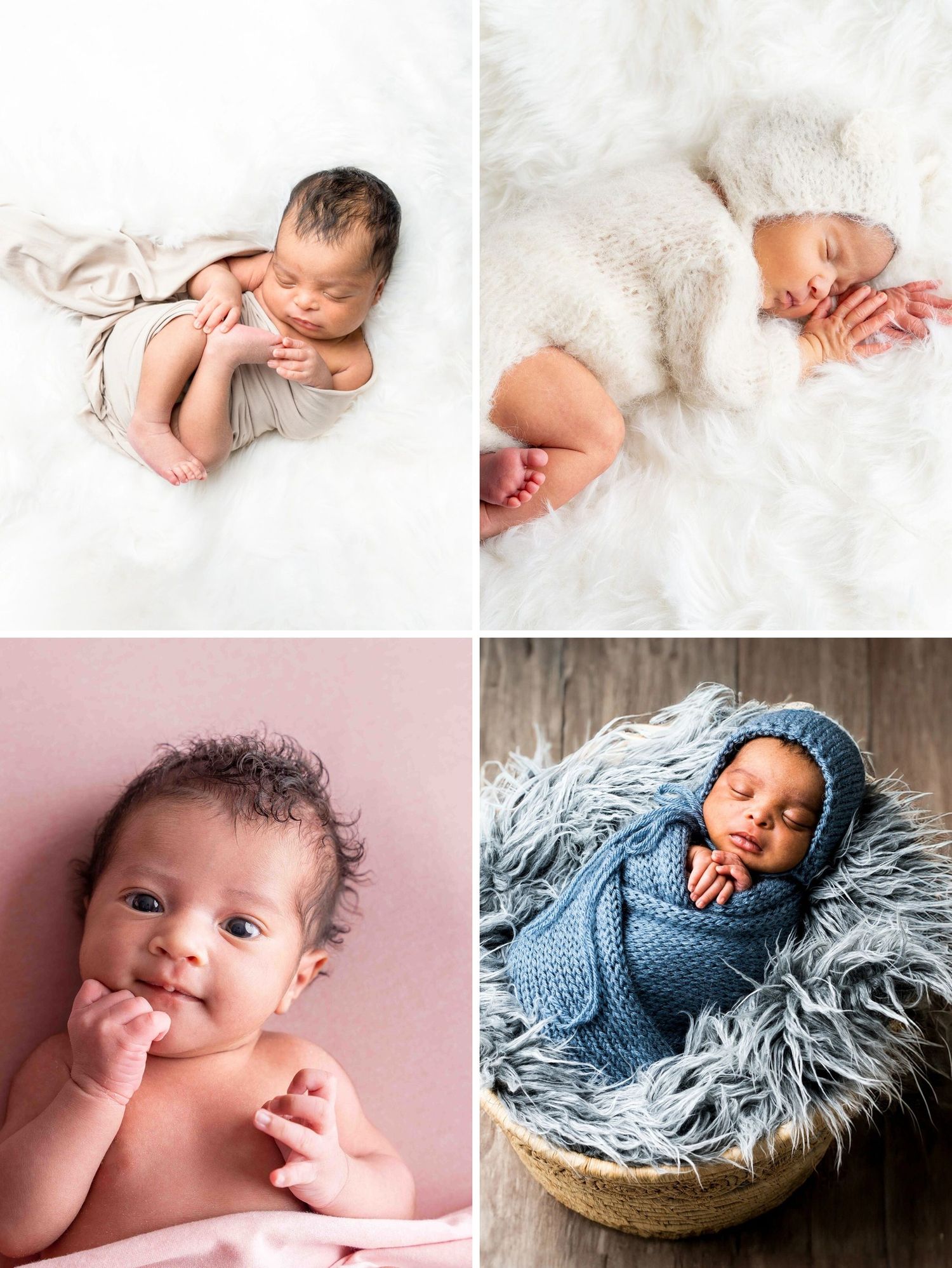 Collage of four newborn baby photos in soft wraps and fuzzy blankets, showcasing peaceful sleeping and alert poses.