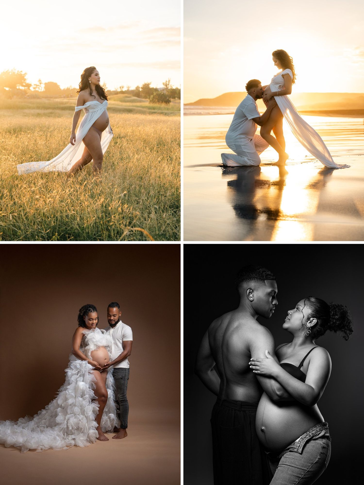 Four maternity photoshoot collage featuring pregnant women in elegant gowns at sunset, beach, studio, and black-and-white settings.
