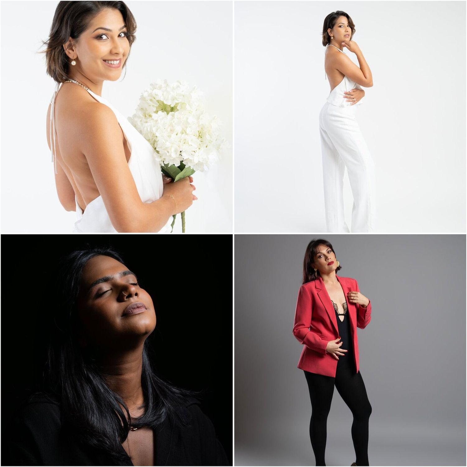 Collage of four women in elegant outfits, including white bridal wear, a red blazer, and black attire, in studio settings.