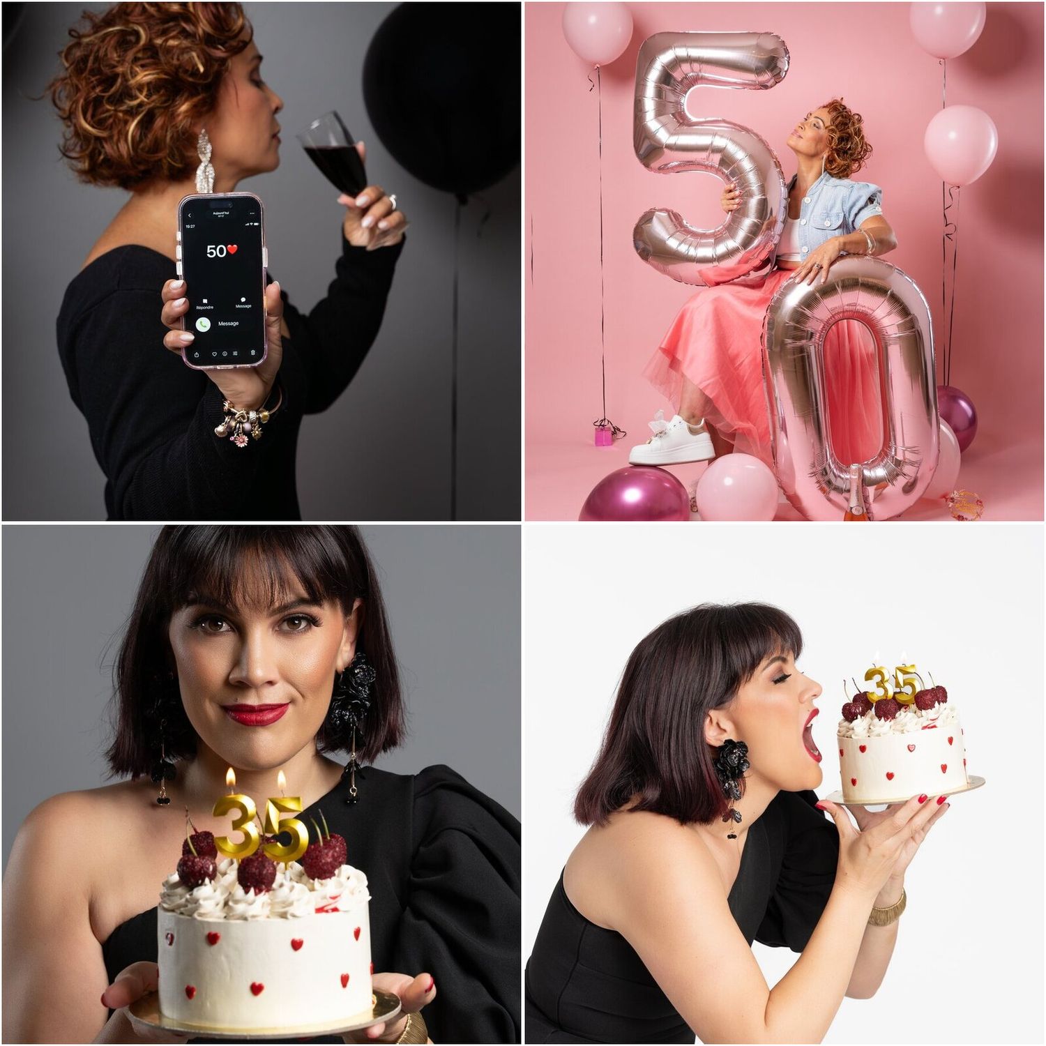 Woman in black dress holding wine glass and phone, woman celebrating 50th birthday, woman with birthday cake, woman eating cake.