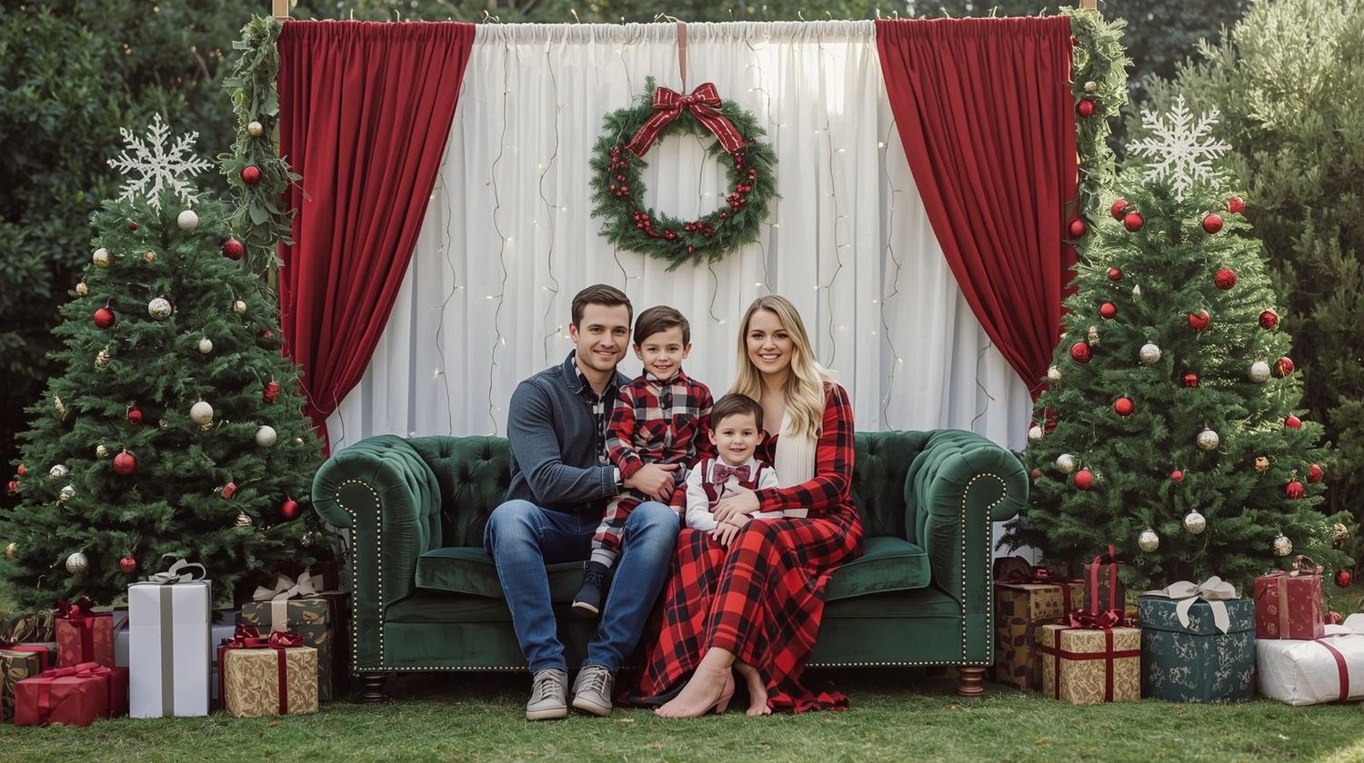 A festive holiday scene with a green velvet couch, Christmas trees, and wrapped presents against a white backdrop with red curtains.