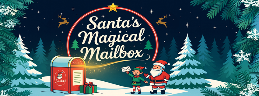 Magical winter scene with a red mailbox surrounded by snowy evergreen trees and falling snowflakes at night.