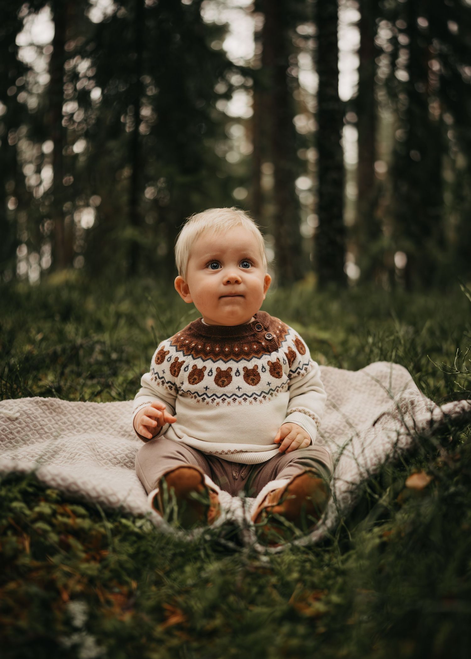 A baby wearing a brown and white patterned sweater sits among green foliage in a forest setting.