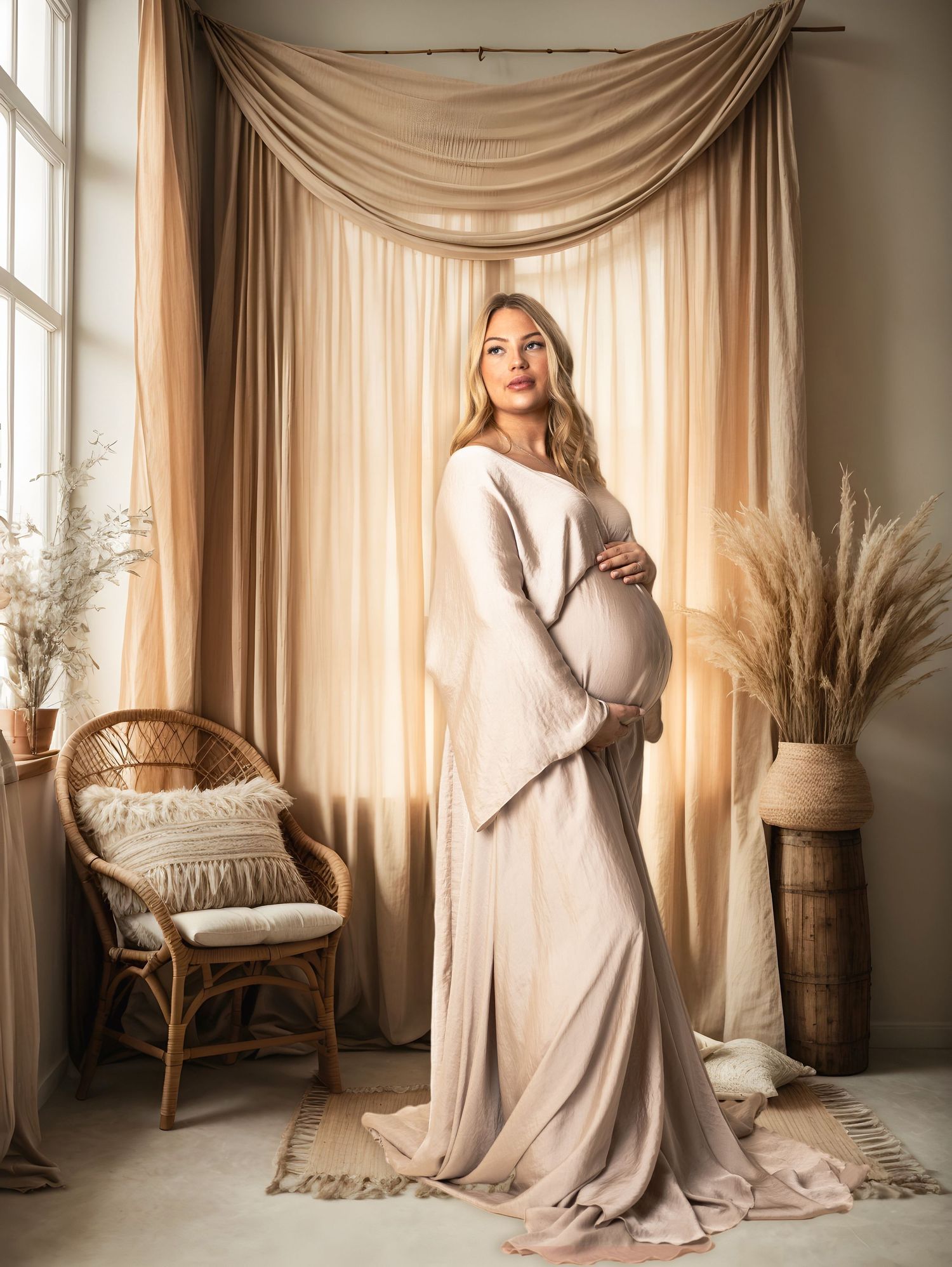 Elegant maternity portrait in flowing beige dress against draped window with bohemian decor.