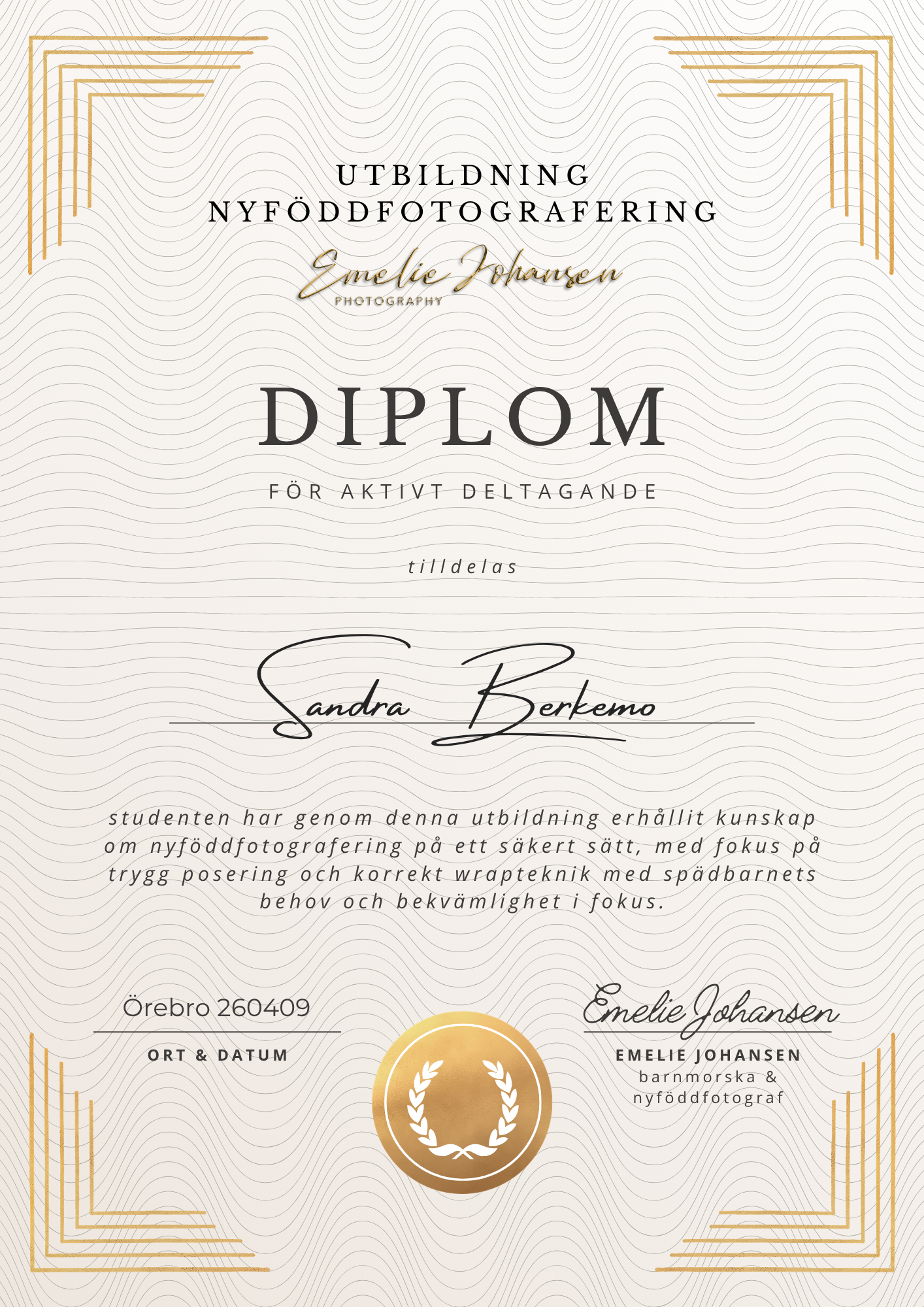 Gold-accented diploma in Swedish for newborn photography training, awarded to Sandra Berkemo by Emelie Johansen Photography.