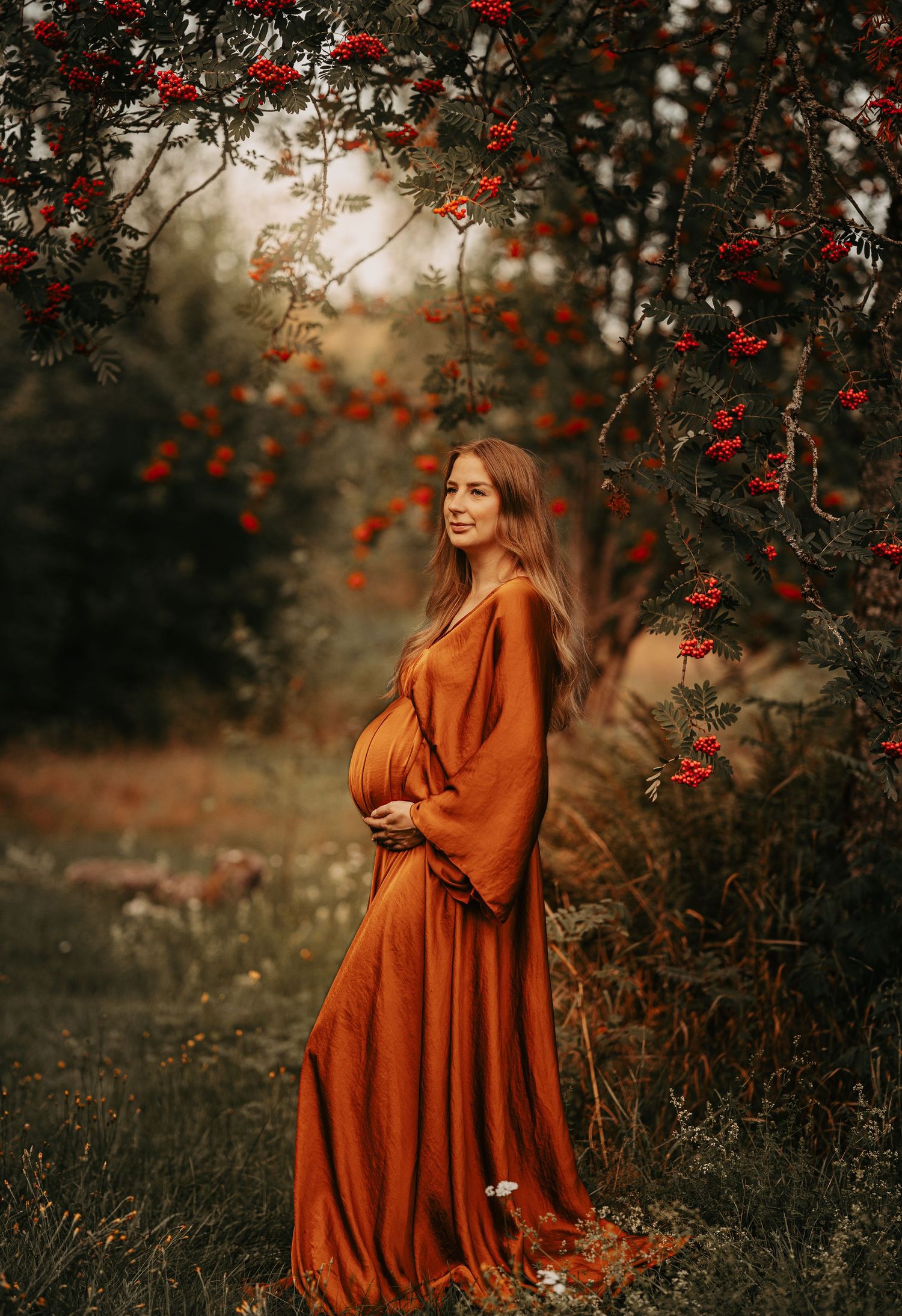 Autumn maternity photo with flowing rust-colored dress beneath red berry branches.