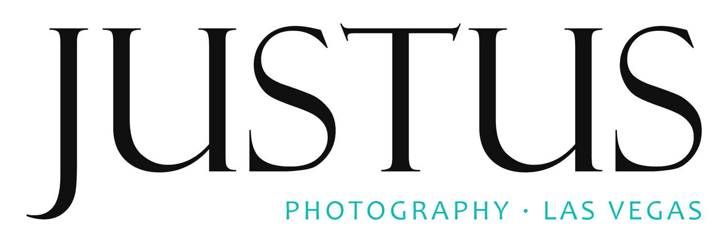 Justus Photography Las Vegas logo in elegant black and teal typography on white background.