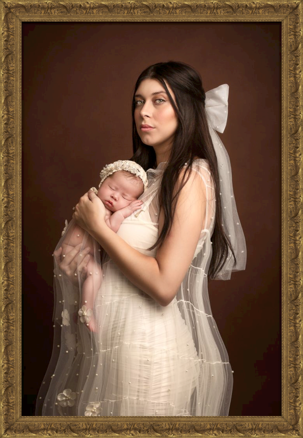 A series of romantic bridal portraits in vintage gold frames showing a woman in a white wedding dress and veil.