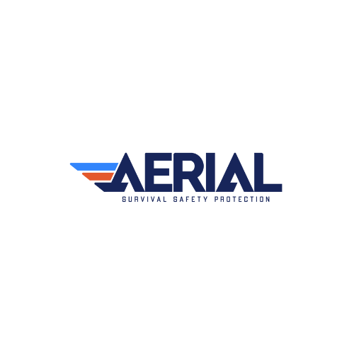 Aerial company logo in navy and red featuring stylized text for survival safety protection services.