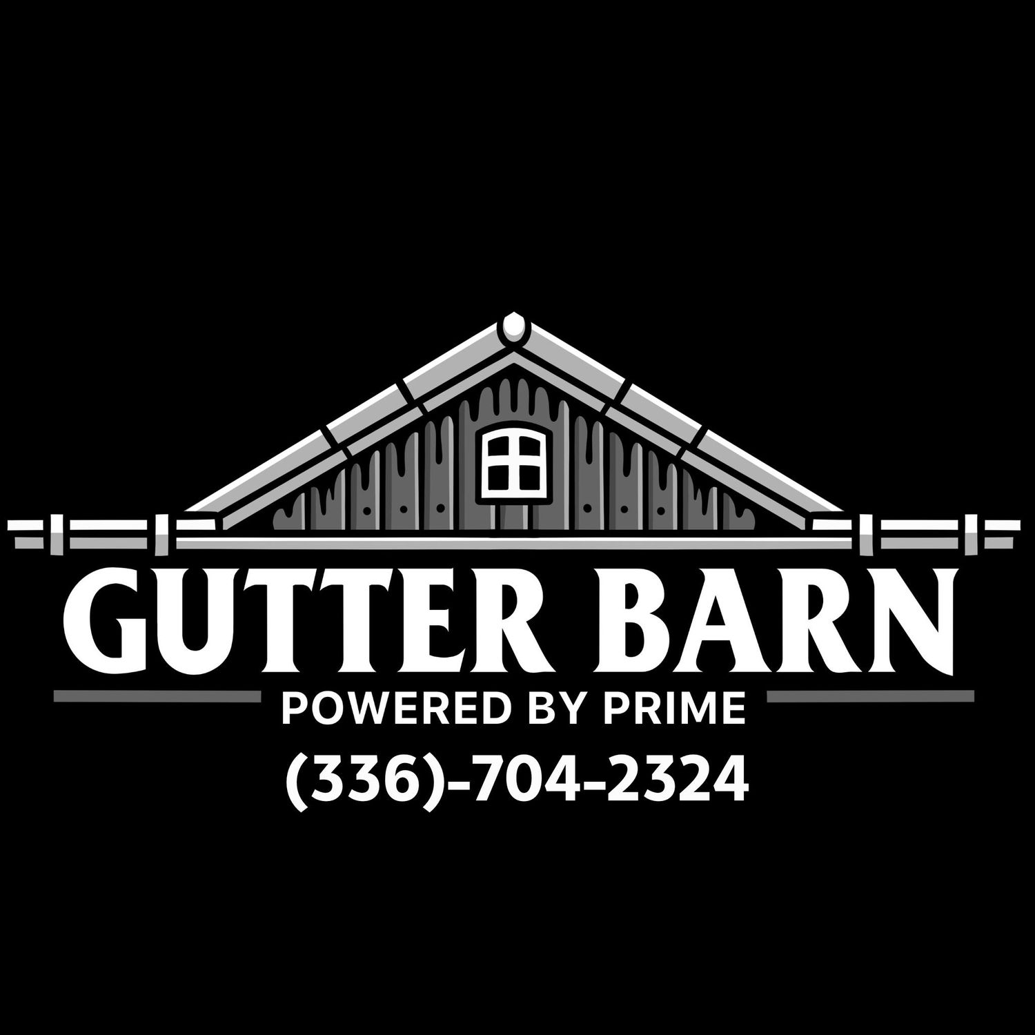 Monochromatic barn-style logo for Gutter Barn company with contact number and Prime branding.
