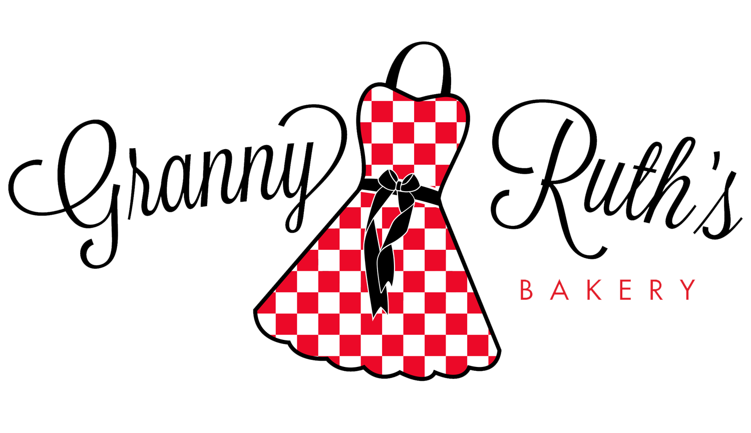 A vintage-style bakery logo featuring a red and white checkered pattern with a decorative dress and text elements.