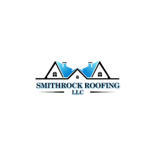 Clean and simple roofing logo design with blue rooftops and black text.