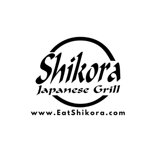Minimalist black circular logo for Shikora Japanese Grill restaurant with website URL.